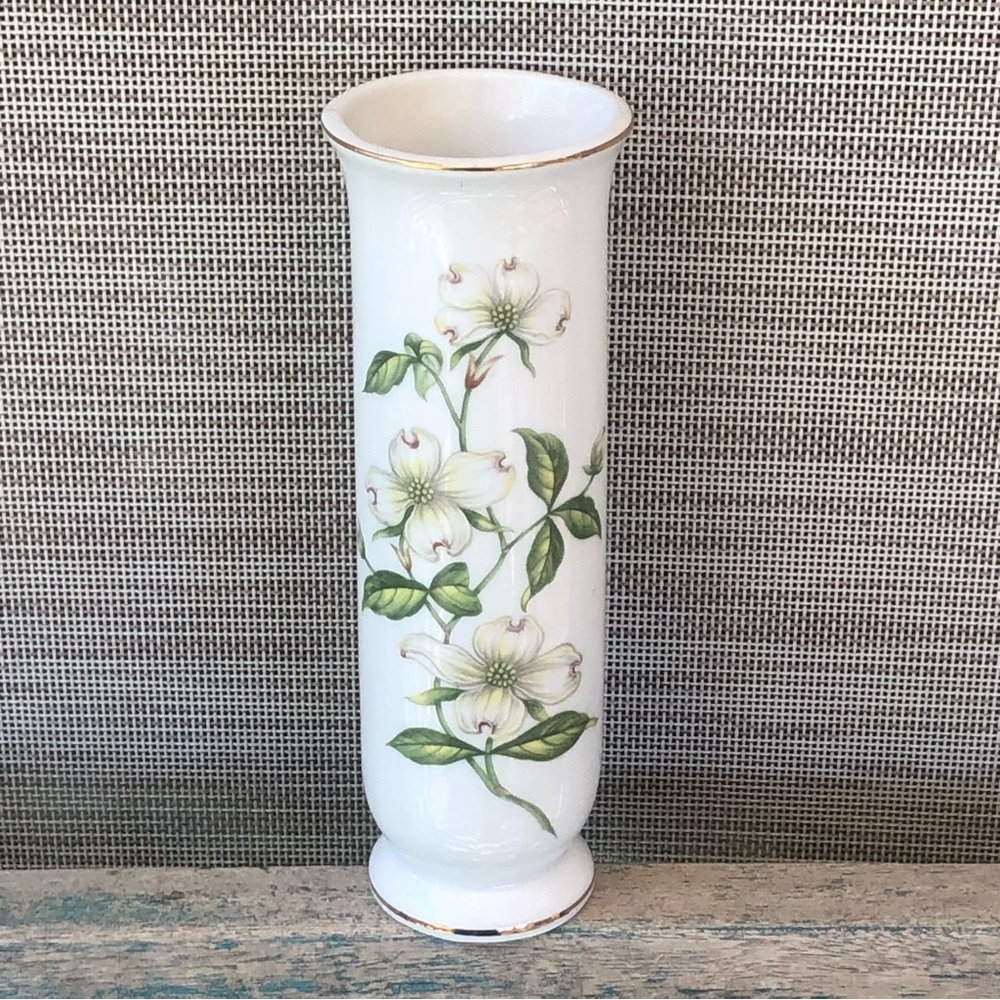 Vintage Lefton Flower Vase White Dogwood Flowers Green Leaves & Gold Trim
